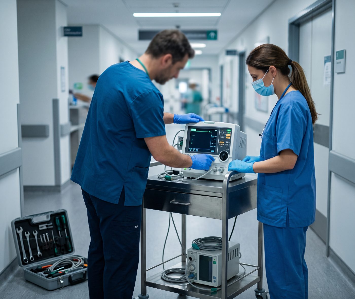 Equipe técnica Biofac instalando equipamento hospitalar